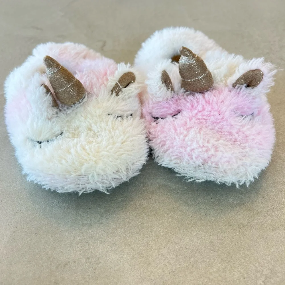 Unicorn Plush Slippers‎ with No- slip Rubber Sole in Pink and Cream, 7-8